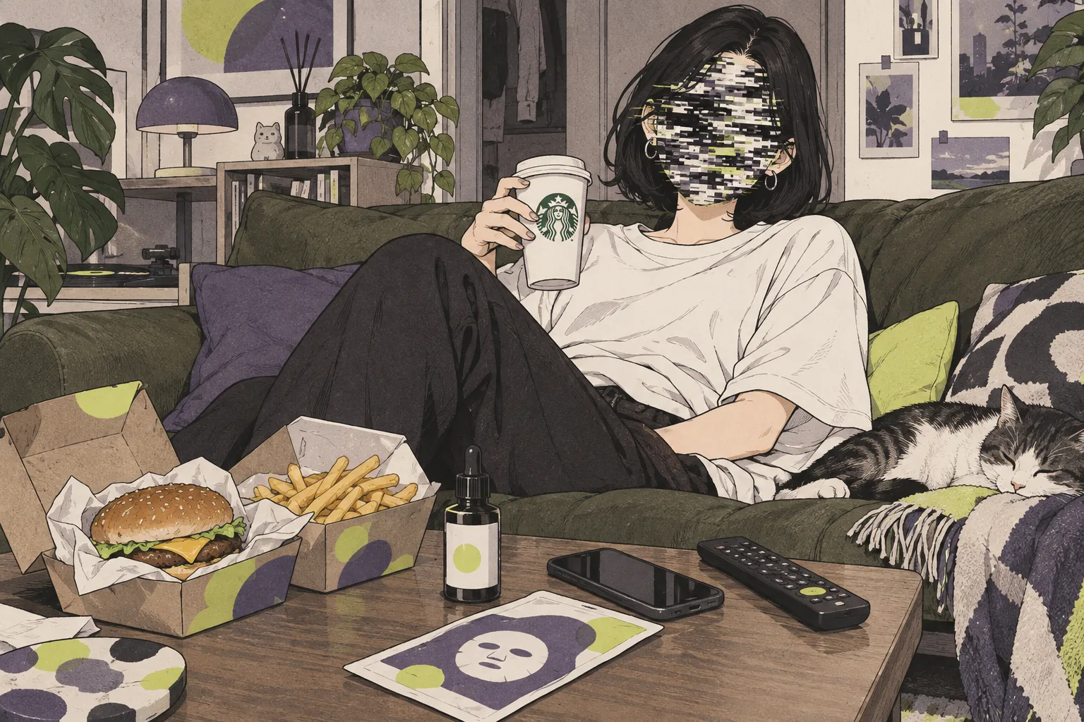 休日のOLがソファでくつろぐ架空のイラスト。テーブルにはハンバーガー、ポテト、美容液、シートマスク、スマートフォン