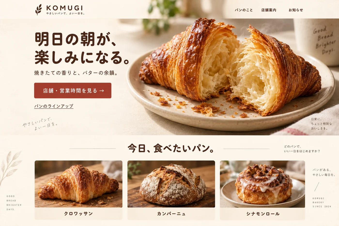 パン屋KOMUGIのトップページ。太いゴシックの見出しとクロワッサンの写真