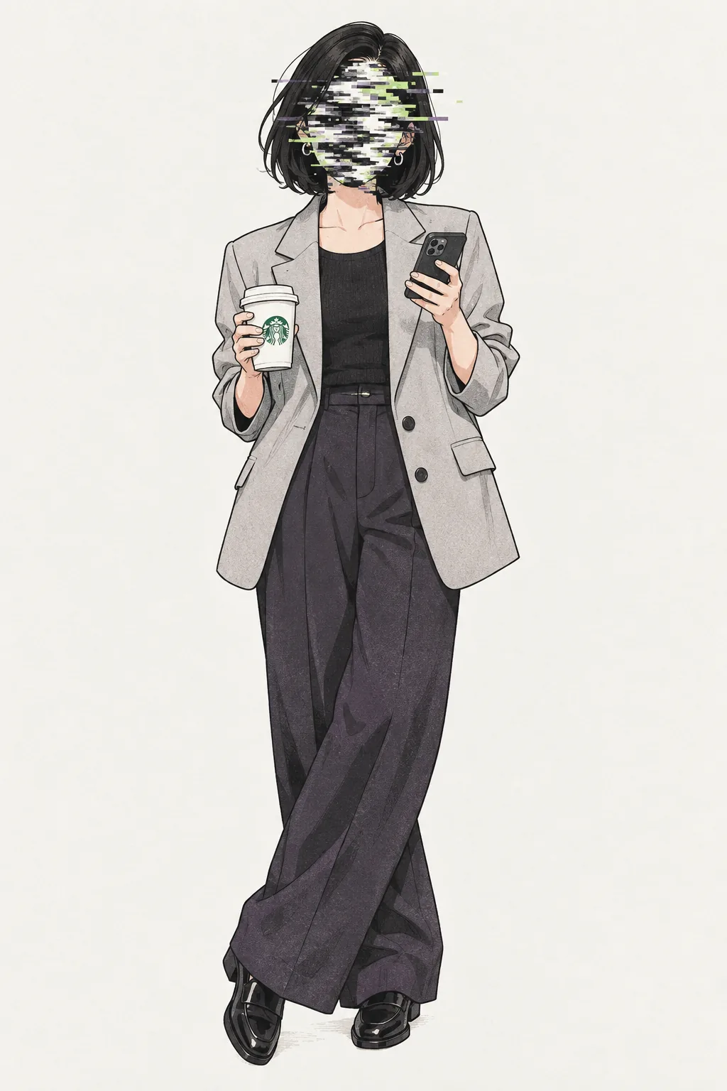 顔をグリッチノイズに覆われたOL。ジャケットとワイドパンツ、スマートフォンとスターバックスのカップを持つ架空のキャラクター